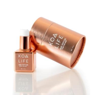 Imagem de KOA Life Sérum antienvelhecimento facial facial NAD Peptide em um frasco conta-gotas de vidro de cobre metálico e caixa de cilindro externo de cobre metálico