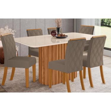 Imagem de Conjunto: Mesa de Cozinha Solana SC68 Tampo Madeirado c/ Vidro Canto Curvo 160x90cm e 6 Cadeiras Vita Nature/Suede Light Bege - Henn