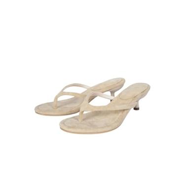 Imagem de MakeMeChic Sandálias femininas de camurça, salto gatinho, bico aberto, chinelos de salto, Bege, 39