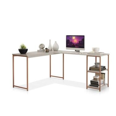 Imagem de Mesa Em L Com Prateleira Office Em MDF Estilo Insdustrial(Bronze com Off White)