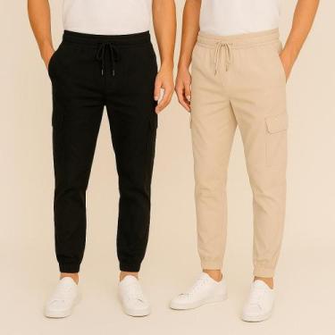 Imagem de Kit 2 Calça Jogger Cargo Masculina com Elástico Sarja e Bolso Lateral 