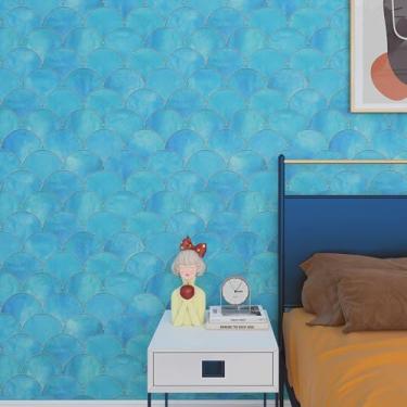 Imagem de Wallink Papel de parede de sereia Papel de parede autoadesivo de escama de peixe azul papel de contato autoadesivo para armários e gavetas 44,5 cm x 609,6 cm papel de parede à prova d'água para quarto