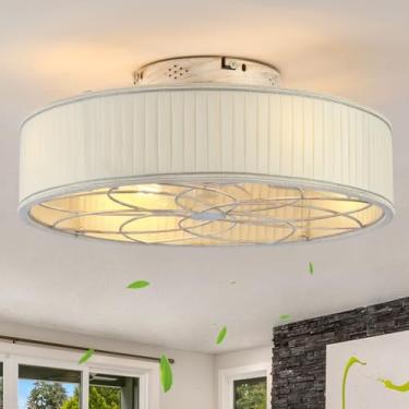 Imagem de HUEOCZW Ventiladores de teto com gaiola de 50,8 cm com montagem embutida de luzes, ventilador de teto de casa de fazenda de baixo perfil com controle remoto, Boho sem lâminas com 6 velocidades