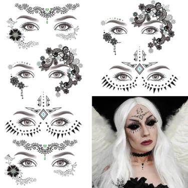 Imagem de ZHUIGUANGZE Adesivos de tatuagem de maquiagem facial e olhos, à prova d'água, renda preta, 3 estilos, temporário, impermeável, delineador, tatuagem, para Halloween, baile de máscaras, apresentação