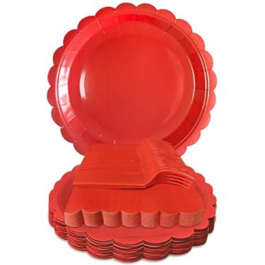 Imagem de WYQJHKV Pratos e guardanapos de papel vermelho, pratos de sobremesa descartáveis com recorte vermelho de 17 cm, garfo de guardanapo, suprimentos de festa para casamento, chá de bebê, aniversário (25