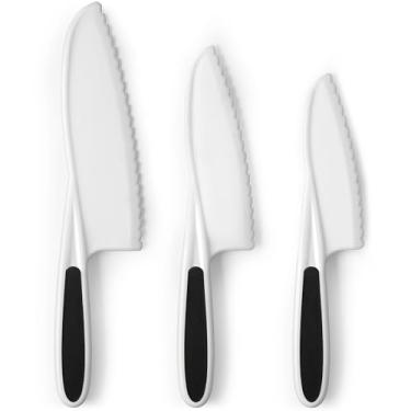 Imagem de Conjunto de facas Zulay Kids para cozinhar e cortar frutas, vegetais e bolo - Conjunto de facas de iniciante perfeito para mãos pequenas na cozinha - Faca de nylon de 3 peças para crianças - Faca de alface divertida e segura (preta)