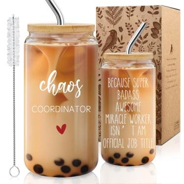 Imagem de Copo de vidro Chaos Coordinator para mulheres - 473 ml com tampa de bambu e canudo, presente de agradecimento inspirador engraçado para chefe, colega de trabalho, professor, enfermeira e mãe, presente