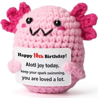 Imagem de 10 Year Old Girl Birthday Gift Ideas – Mini Crochet Axolotl Plush with 10th Birthday Card, Handmade 8–10cm, Kawaii Room Locker Decor, Trendy Tween Present