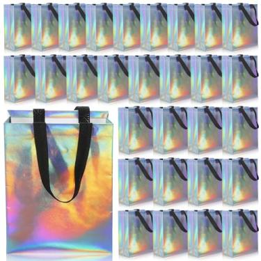 Imagem de Dimeho 30 peças de sacos de presente iridescentes reutilizáveis com alças, sacos holográficos não tecidos, tamanho médio, ideal para casamento, Natal, aniversários, despedidas de solteira