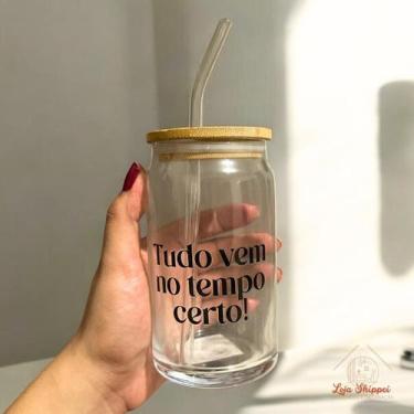 Imagem de Copo de Café com Tampa de Bambú C/ Canudo de Vidro 470ml Frases Motiva