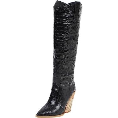 Imagem de Bota feminina acima do joelho, salto com zíper, cano baixo, anabela, retrô, bico fino, botas de combate para trabalho, Preto, 35 BR