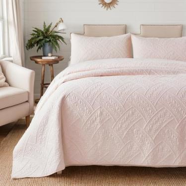 Imagem de Brandream Conjunto de colcha de algodão queen size luxuoso Matelasse Conjunto de edredom acolchoado rosa claro 3 peças