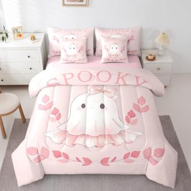 Imagem de Erosebridal Jogo de cama solteiro assustador kawaii fantasma rosa com laço kawaii, temática de Halloween, para meninos e meninas, crianças, com lençol de cima e elástico, lençol de cima e elástico