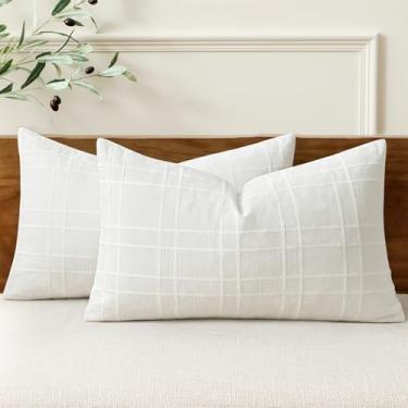 Imagem de MIULEE Capas de travesseiro decorativas de linho xadrez Lumar Neutro Farmhouse Vintage Conjunto de 2 fronhas de Natal 30,5 x 50,8 cm, decoração de casa moderna Boho para sofá, sofá, quarto, almofada