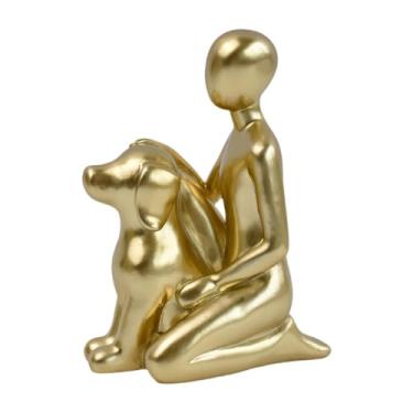 Imagem de FLCPJGV Estatueta de resina para família de homem e cachorro, escultura de vínculo emocional, decoração de mesa, 10x6,5x13,3 cm, Dourado