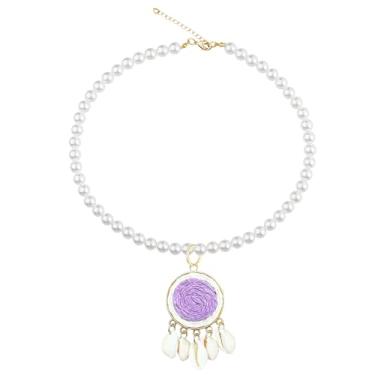 Imagem de Anmpab Colar de concha boêmia, redondo, com pingente de pérola, tecido de grama, para mulheres, joias étnicas tribais, Large, Metal, Sem Pedra Preciosa