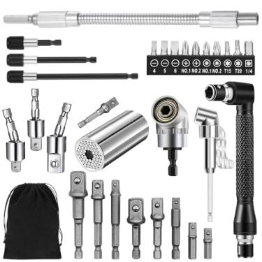 Imagem de Conjunto de extensão de broca flexível de 31 peças, acessório de broca de ângulo reto de 105°, adaptador de soquete sextavado universal de 1/2 3/8 1/10.2 cm, ferramentas de chave de fenda giratória,