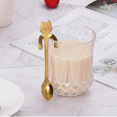 Imagem de 1 pacote com colher de café de aço inoxidável de gato fofo de desenho animado, colher criativa para mexer com borda suspensa, perfeita para sobremesas, café, sorvete, presente ideal para aniversários