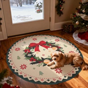 Imagem de jinchan Tapete redondo de Natal com aparência de malha para entrada, quarto, 1,2 m, bege, círculo verde, tapete de férias para sala de estar, guirlanda de Natal, 1,2 m, decoração de Natal, lavável