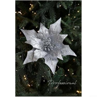 Imagem de Guirlanda de Natal de tecido com glitter de 29 cm com flores prateadas, douradas e vermelhas para decorações de férias, centros de mesa festivos e exibição sazonal da casa