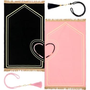 Imagem de Drydiet Conjunto de 2 peças de tapete de oração para casal muçulmano design de coração com 2 peças de contas de oração rosa preto tapete islâmico de veludo curto macio para casais, mulheres, homens