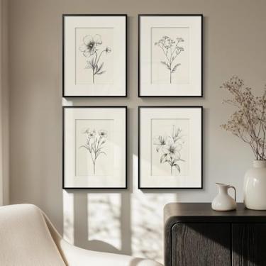 Imagem de Arte de parede botânica emoldurada em preto e branco para decoração de quarto, impressão de pintura floral minimalista vintage de 4 peças, arte rústica de fazenda para quarto, sala de estar, lareira,