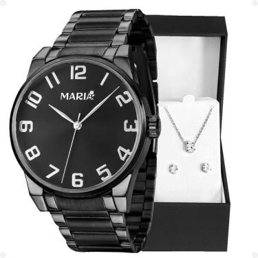 Imagem de Relogio Feminino Preto Aço Inox + Caixa + Brincos + Colar Original Presente Qualidade Premium Social