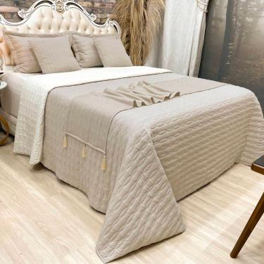 Imagem de Cobre Leito Queen Decor Dupla Face Com Almofadas E Xale 8 Peças - Bege