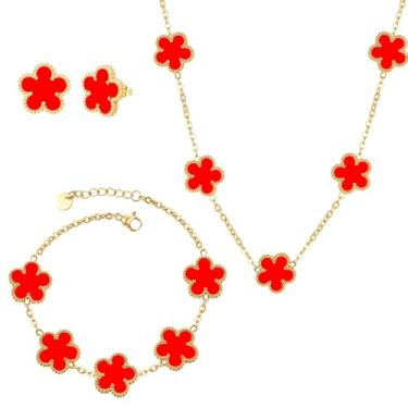 Imagem de CJL CANKIRA Conjunto de joias da sorte com trevo de folhas banhadas a ouro 18 quilates, 3 peças - Conjunto de brincos de colar de trevo de quatro folhas na moda joias delicadas presente para mulheres