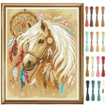 Imagem de FREEBLOSS Kits de ponto cruz estampado com cavalo indiano, kits de bordado de pintura de parede para iniciantes com instruções impressas, kit de ponto cruz de 11 CT para adultos, artesanato, 40 x 50