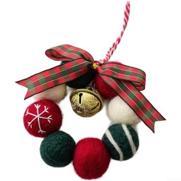 Imagem de Mini guirlanda de Natal de feltro de lã feita à mão com sinos e laço, guirlanda de férias de 10 cm de diâmetro para decoração de parede ou mesa, variante vermelha de artesanato DIY