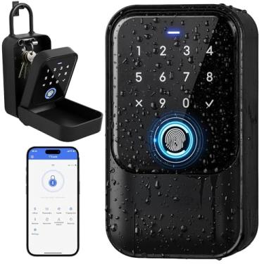 Imagem de Caixa de bloqueio de chave SAFESmart, TTLock App Control Bluetooth Lock Box para chaves com código, impressão digital, cartão de acesso, IP65 à prova d'água/suporte de parede cofre seguro para Airbnb