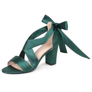 Imagem de Perphy Sandálias femininas de salto grosso com tiras cruzadas de cetim, Verde escuro, 40