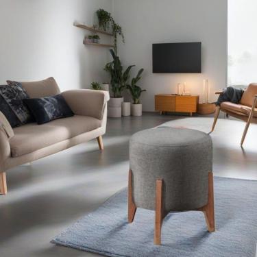 Imagem de Puff Estofado Decorativo Sala Redondo Luxo Londres Linho Cinza