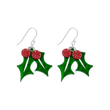 Imagem de Brincos pendentes de acrílico com folha de azevinho verde de Natal para mulheres delicado cristal vermelho redondo declaração decoração enfeite gancho acessórios festivos de Natal joias