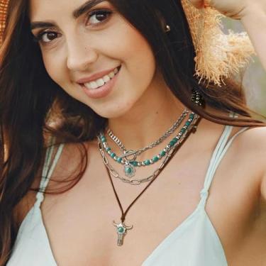 Imagem de Joias ocidentais para mulheres, colar turquesa boêmia, pingente de bulo, gargantilha em camadas, boho, gargantilha de couro sintético, concerto country, vaqueira, one size, Liga de aço, Sem Pedra