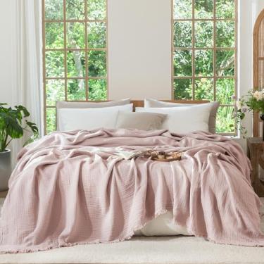 Imagem de MooMee Cobertor de musselina - Cobertor de gaze 100% algodão de 4 camadas com borlas ultramacio respirável leve refrescante para sofá de cama (rosa acinzentado, super king 274 x 248 cm)