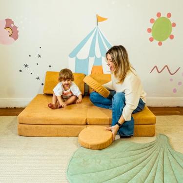 Imagem de Sofá de Brincar Infantil Modular em Tecido Macio e Acolchoado com 5 Módulos 1,72m – Little Duck (Bouclé, Mostarda)
