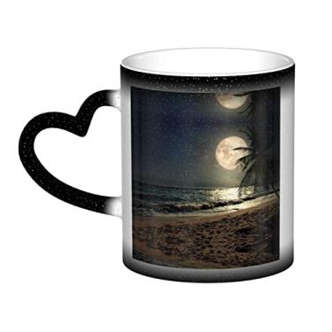 Imagem de Tropical Beach Palm Tree With Full Moon Starry Night Fun Coffee Cup, Magic Heat Sensitive Color Changing Ceramic Cup 12 Oz, para café/chá/leite/cacau, para adolescente/aniversário/festival/presentes