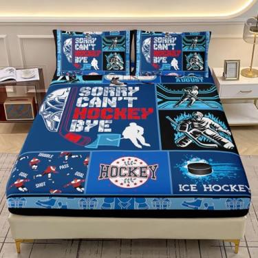 Imagem de AILONEN Jogo de lençol solteiro de hóquei no gelo, tamanho GG, azul - Jogo de cama com tema esportivo de bola para meninos e adolescentes - lençol com elástico com 2 fronhas - 3 peças