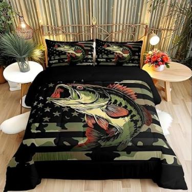 Imagem de Conjunto de edredom King com estampa de peixe robalo, camuflagem, para decoração de quarto de crianças, meninos, meninas, retrô, verde, camuflado, lençol de fazenda, com 2 fronhas