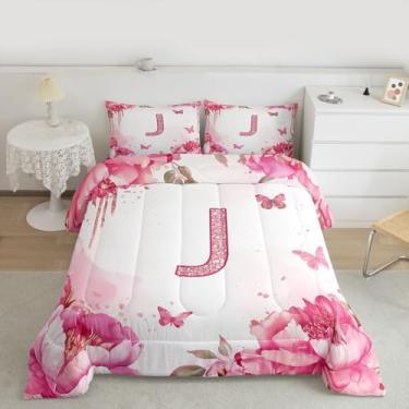 Imagem de jejeloiu Conjunto de edredom solteiro com estampa de borboleta, monograma, para crianças, adolescentes, letra J, lindas borboletas, decoração de quarto, flor, 2 peças com 1 fronha