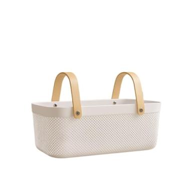 Imagem de Cesto Organizador De Plástico Com Alça De Bambu(RETANGULAR BRANCO)
