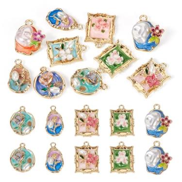 Imagem de Spritewelry Pingentes de flores esmaltadas, pingentes de flores de pintura a óleo 3D, pingentes dourados ocidentais para fabricação de joias, pingentes de esmalte vintage de liga para colar, pulseira