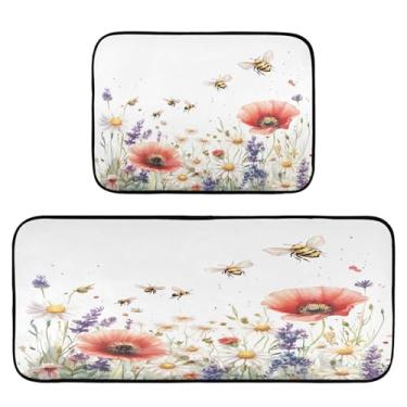Imagem de Qilmy Tapetes de cozinha de flores silvestres e borboletas, 2 peças, tapete de entrada frontal, antiderrapante, alivia a fadiga, lavável, tapete para cozinha, quarto, varanda364