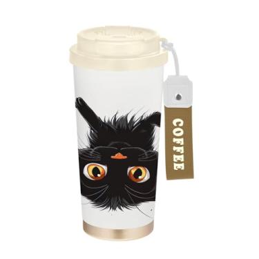 Imagem de YETTASBIN Caneca de café de viagem com isolamento térmico Black Cat 482 g com tampa canudo, copo à prova de derramamento e vazamento com alça para bebida quente e fria, garrafa de água de aço