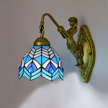 Imagem de Arandela de parede estilo Tiffany de 15 cm (6 polegadas) com vitral azul mediterrâneo, base em formato de deusa, para cabeceira, ideal para quarto, corredor e sala de estar, soquete E27.