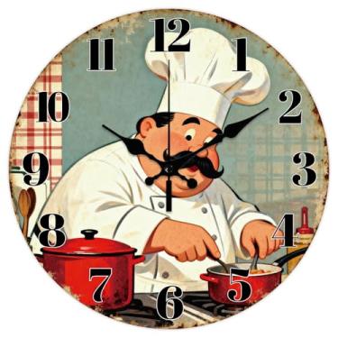 Imagem de CHGCRAFT Relógio de parede engraçado chef 30 cm estilo desenho animado relógio cozinha placa de madeira relógios decorativos redondos para quarto, sala de estar, cozinha, escritório