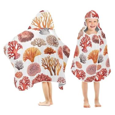 Imagem de Burbuja Corais em vermelho toalha de banho com capuz para crianças, toalha de praia de pelúcia macia absorvente para chá de meninas e meninos 3-10 anos, 61 x 127 cm