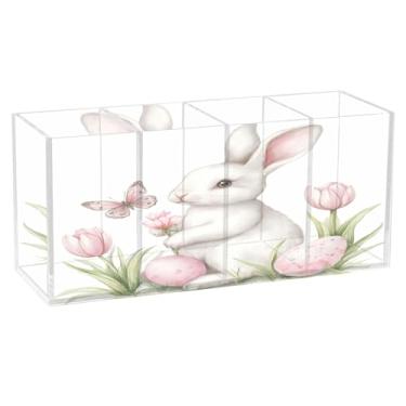 Imagem de Burbuja Porta-canetas de acrílico Bunny Pink Tulips, 4 compartimentos, suporte de lápis transparente para pincéis de maquiagem, acessórios de mesa de escritório em casa